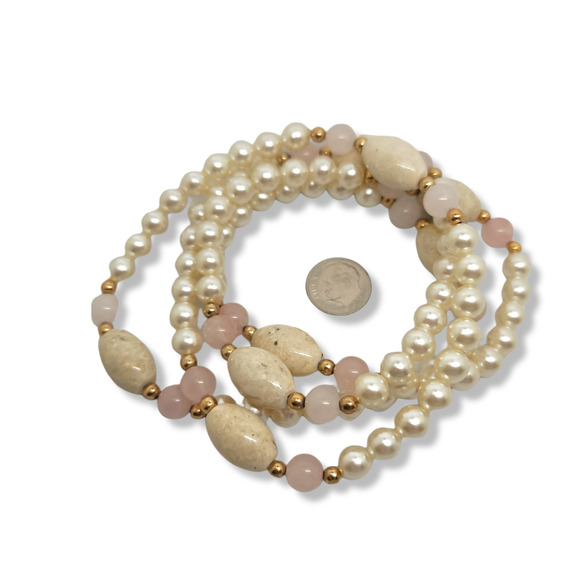 Vintage Stone, Rose Quartz, Faux Pearl, Gold Ball Continuous 36" Necklace - Picture 4 of 6
